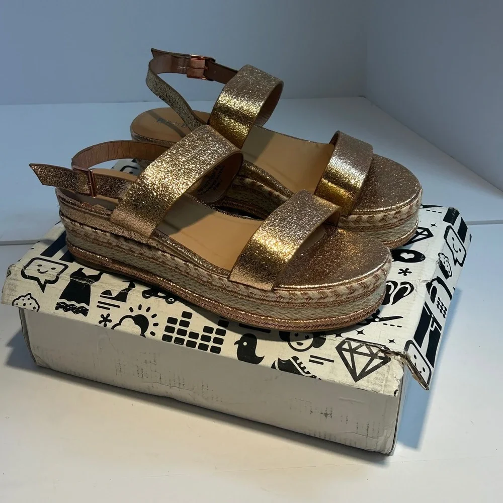 Bamboo Infinity-05M Rose Gold Metallic Espadrille Platform Wedge Sandals‎ 8.5